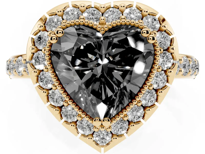 Heart-Shaped Milgrain Halo Engagement Ring Setting for a Black Center | Pavé Shoulders | Yellow Gold