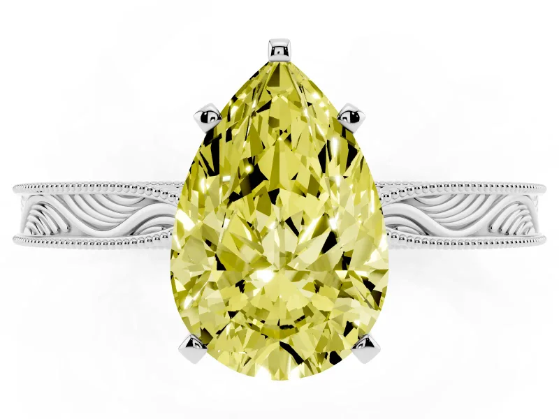Fancy Yellow Pear Cut Diamond Solitaire Milgrain Engraved Band Set in Silver with Prong Setting