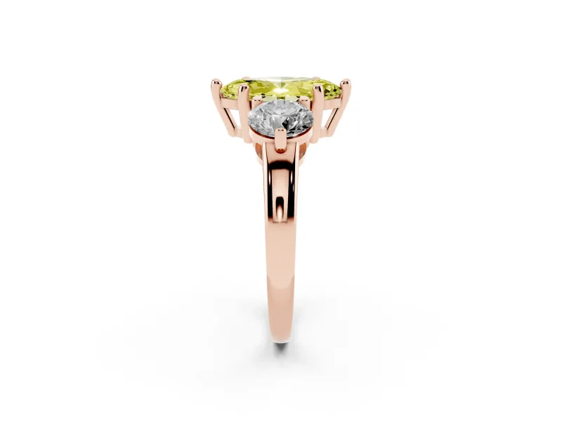Fancy Yellow Marquise Cut Diamond Three-Stone Ring Set in Rose gold with Prong Setting and Classic Band