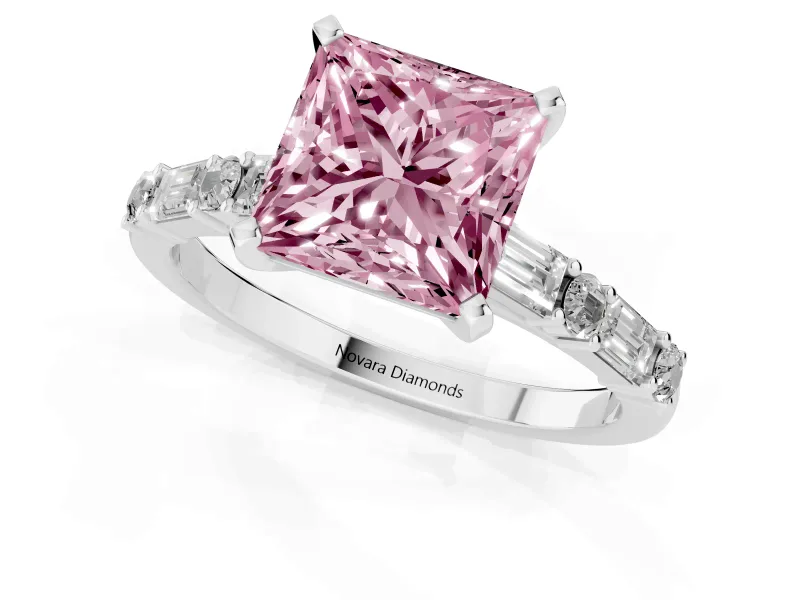 Fancy Pink Princess Cut Diamond Solitaire Set in Silver with Side Baguettes and Channel Set Band