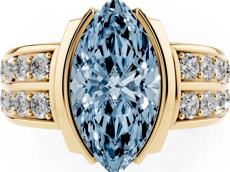 Marquise Half Bezel Engagement Ring Setting for a Fancy Blue Lab-Grown Diamond | Double Row Channel Band | Yellow Gold