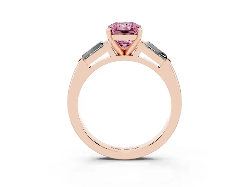 Fancy Pink Radiant Cut Diamond Solitaire Ring Set in Rose gold with Tapered Baguette Side Stones and Prong Setting