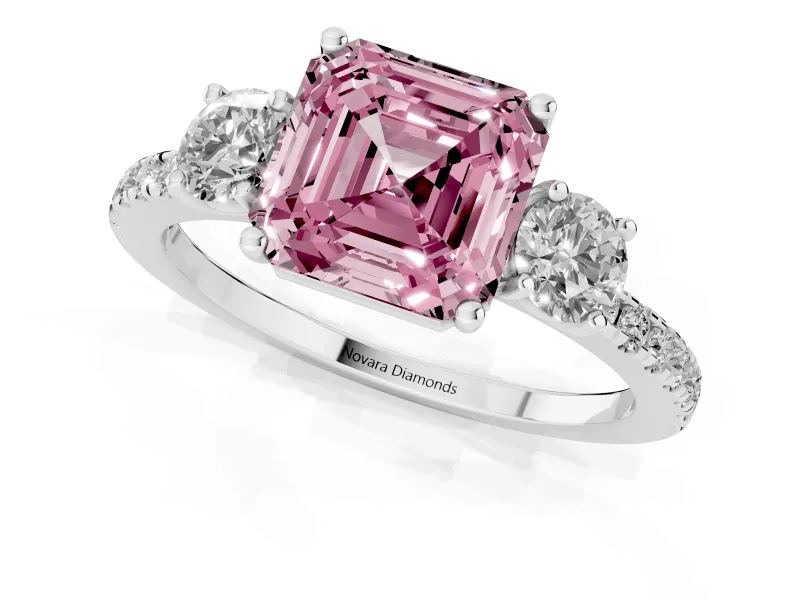 Asscher Cut Three Stone Engagement Ring Setting for a Fancy Pink Lab-Grown Diamond | Pave Shoulders | Platinum