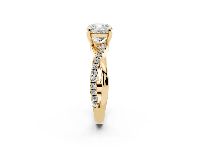 Cushion Cut Diamond Twist Band Solitaire Set in Yellow gold with Pavé Accents and Prong Setting