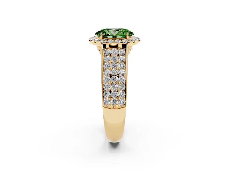 Oval Pavé Engagement Ring Setting for a Fancy Green Lab-Grown Diamond | Wide Three-Row Band | Yellow Gold