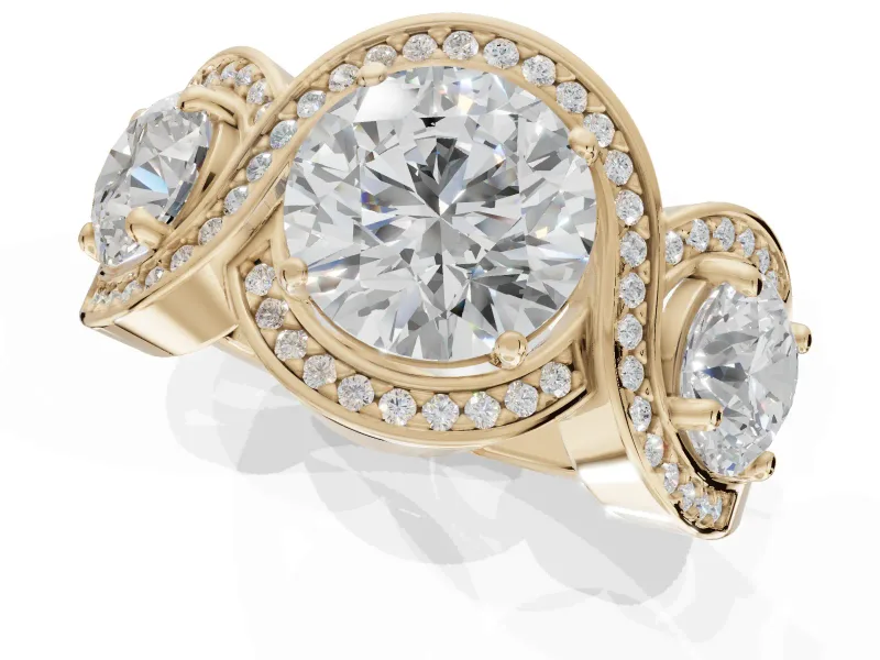 Round Three Stone Halo Engagement Ring Setting | Pavé Wave Band | Yellow Gold