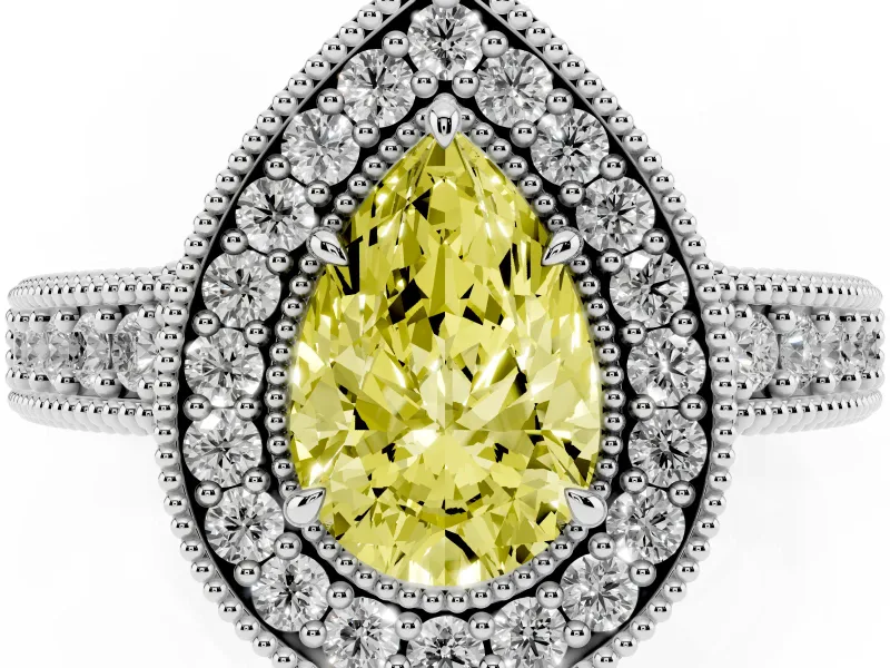 Fancy Yellow Pear Cut Diamond Halo Ring Set in Platinum with Round Accent Halo, Pavé Band and Prong Setting