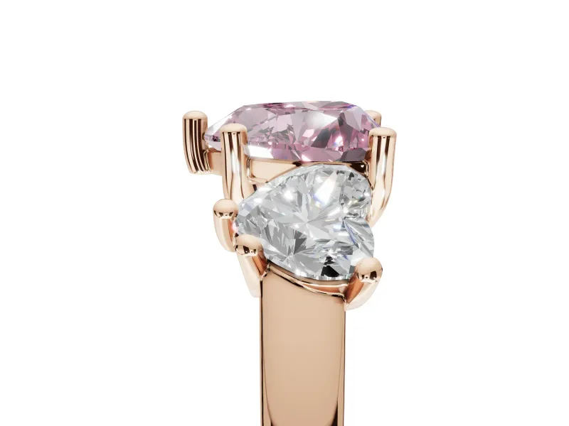 Heart-Shaped Three Stone Engagement Ring Setting for a Fancy Pink Lab-Grown Diamond | Wide Tapered Shoulders | Rose Gold