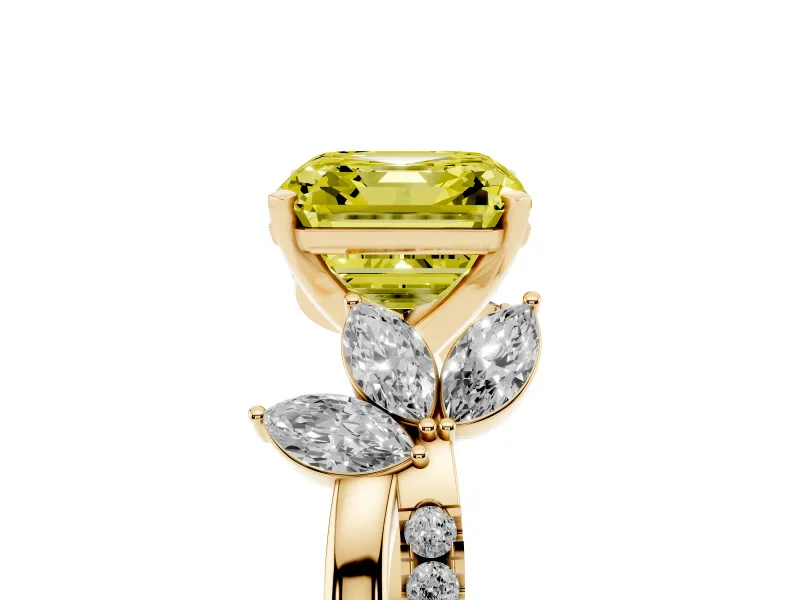 Fancy Yellow Asscher Cut Diamond Floral Vine Solitaire Engagement Ring Set in Yellow gold with Marquise Leaves