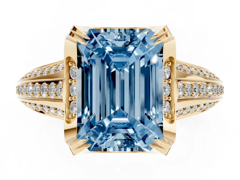 Emerald Cut Hidden Halo Engagement Ring Setting for a Fancy Blue Lab-Grown Diamond | Triple Row Pavé Band | Yellow Gold
