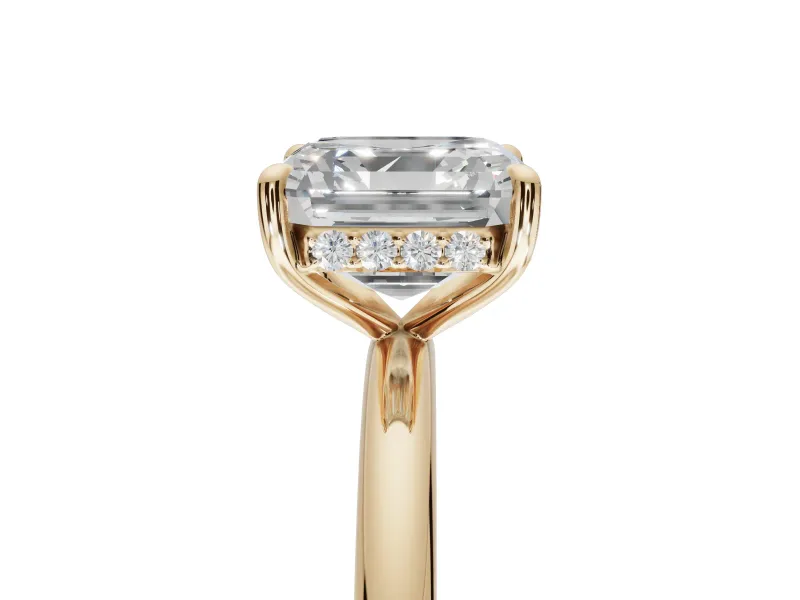 Asscher Cut Hidden Halo Engagement Ring Setting | Thin Plain Band | Yellow Gold