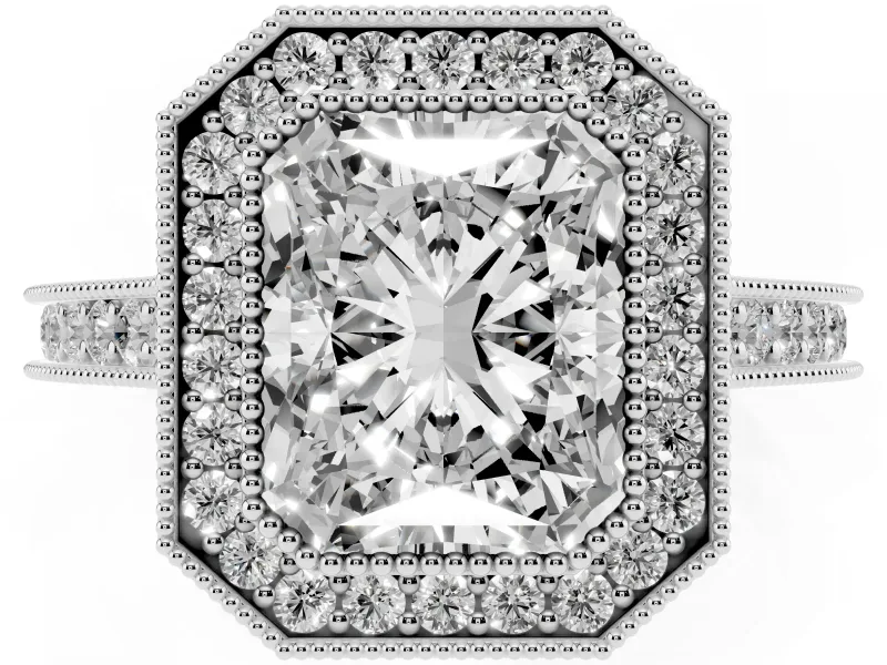 Radiant Cut Vintage Milgrain Halo Engagement Ring Setting | Bezel Head | White Gold