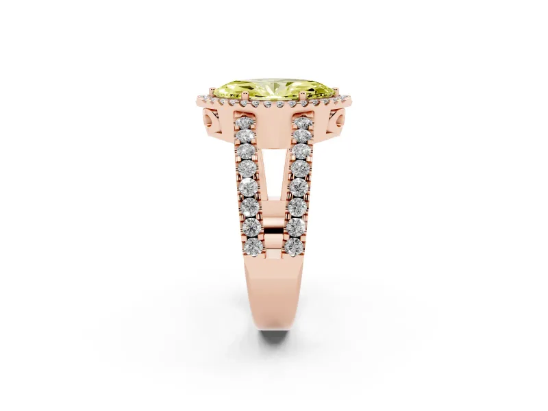 Fancy Yellow Marquise Cut Diamond Halo Ring Set in Rose gold with Pavé Split Shank and Prong Setting