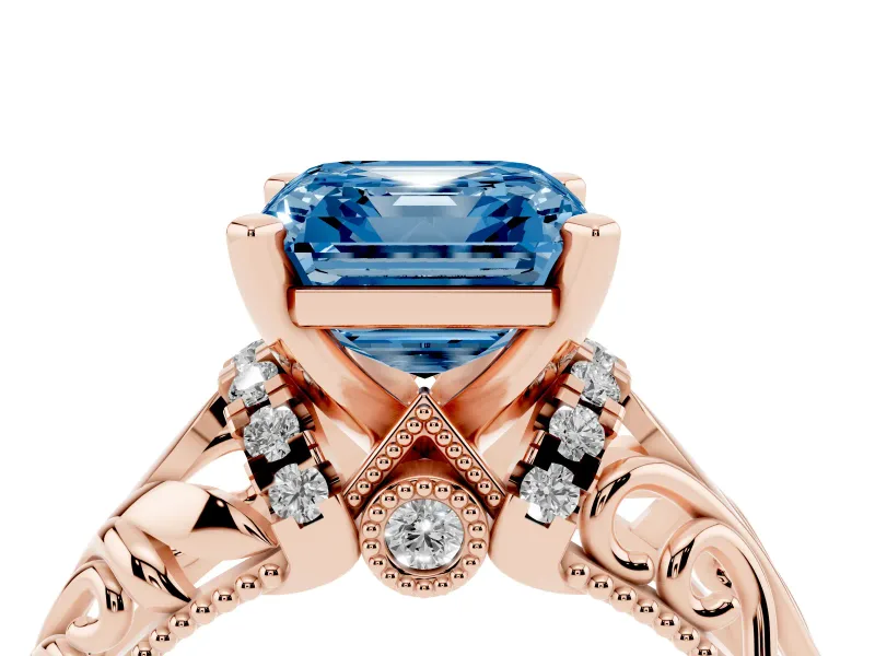 Asscher Cut Filigree Engagement Ring Setting for a Fancy Blue Lab-Grown Diamond | Rose Gold