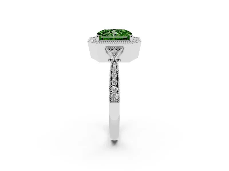 Radiant Cut Milgrain Halo Engagement Ring Setting for a Fancy Green Lab-Grown Diamond | Graduated Pavé | Platinum