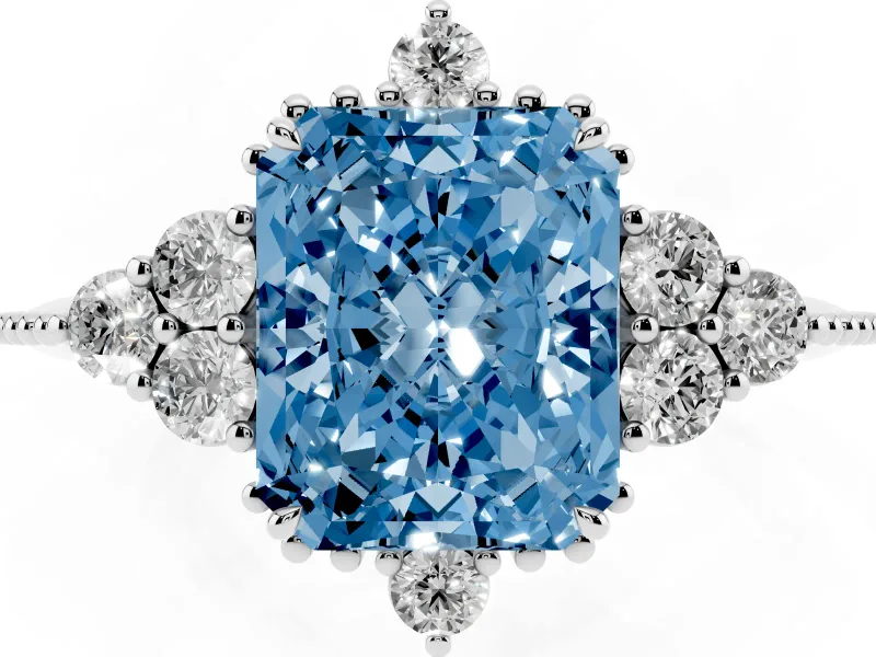 Fancy Blue Radiant Cut Diamond Cluster Ring Set in Platinum with Beaded Band