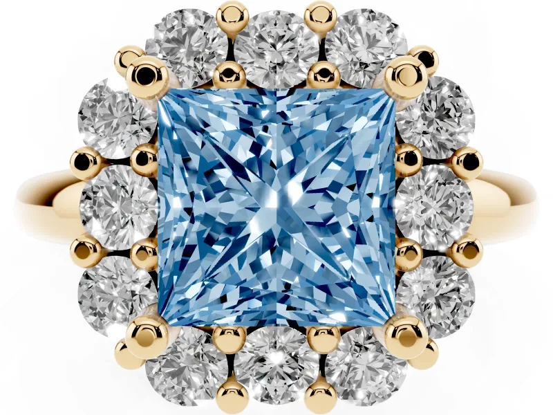 Princess Cut Cluster Halo Engagement Ring Setting for a Fancy Blue Lab-Grown Diamond | Large Round Accents | Yellow Gold