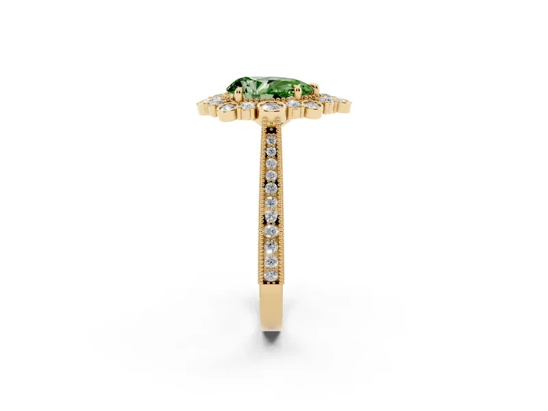 Fancy Green Pear Cut Diamond Halo Milgrain Pavé Ring Set in Yellow gold with Prong Setting