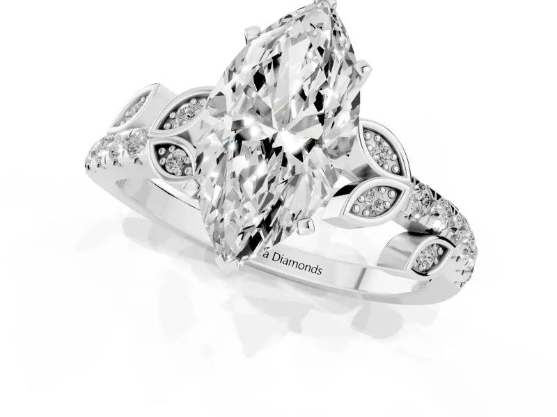 Marquise Cut Diamond Solitaire Leaf-Inspired Ring Set in White gold with Pavé Band and Prong Setting