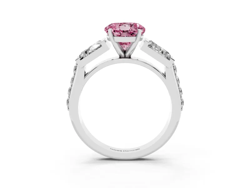 Fancy Pink Round Cut Diamond Engagement Ring Set in Platinum with Baguette Side Stones and Channel Set Band