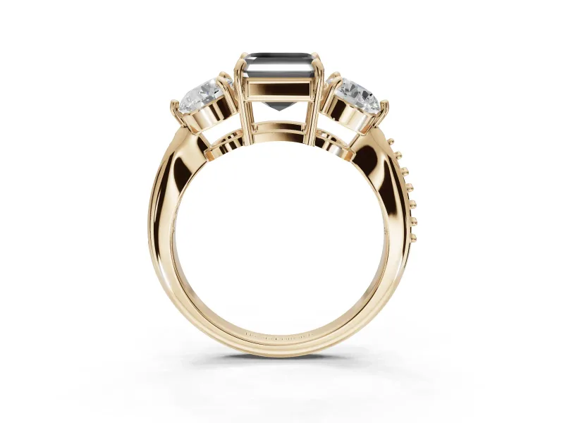 Asscher Cut Three Stone Engagement Ring Setting for a Black Center | Tapered Pavé Band | Yellow Gold