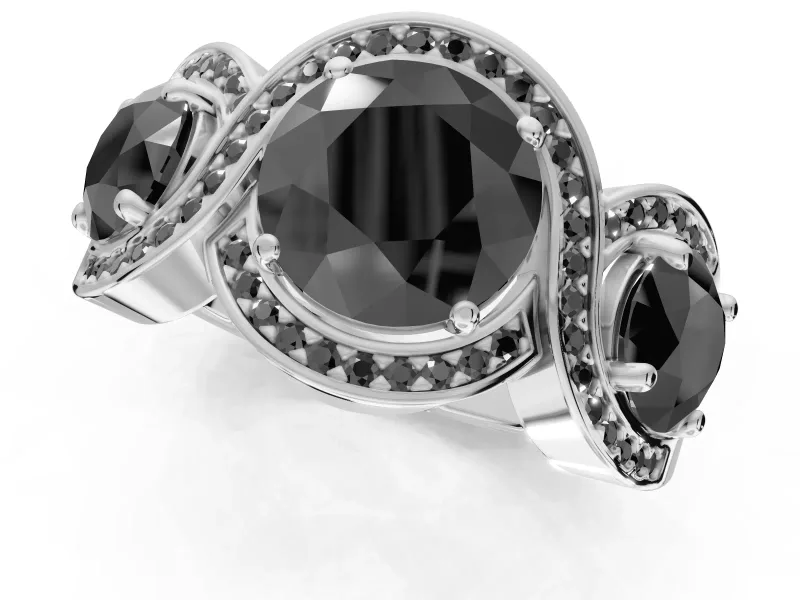Round Three Stone Halo Engagement Ring Setting for a Black Center | Pavé Wave Band | White Gold