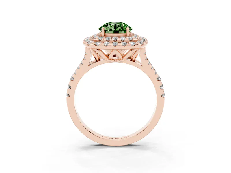 Round Halo Split Shank Engagement Ring Setting for a Fancy Green Lab-Grown Diamond | Pavé Strands | Rose Gold