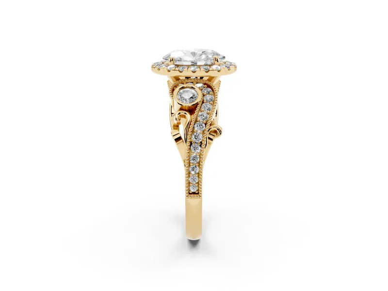 Oval Cut Diamond Halo Ring Set in Yellow gold with Milgrain Pavé Band and Prong Setting