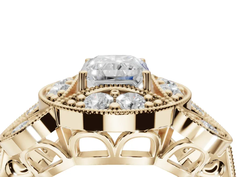 Radiant Cut Vintage Floral Halo Engagement Ring Setting | Engraved Milgrain Band | Yellow Gold