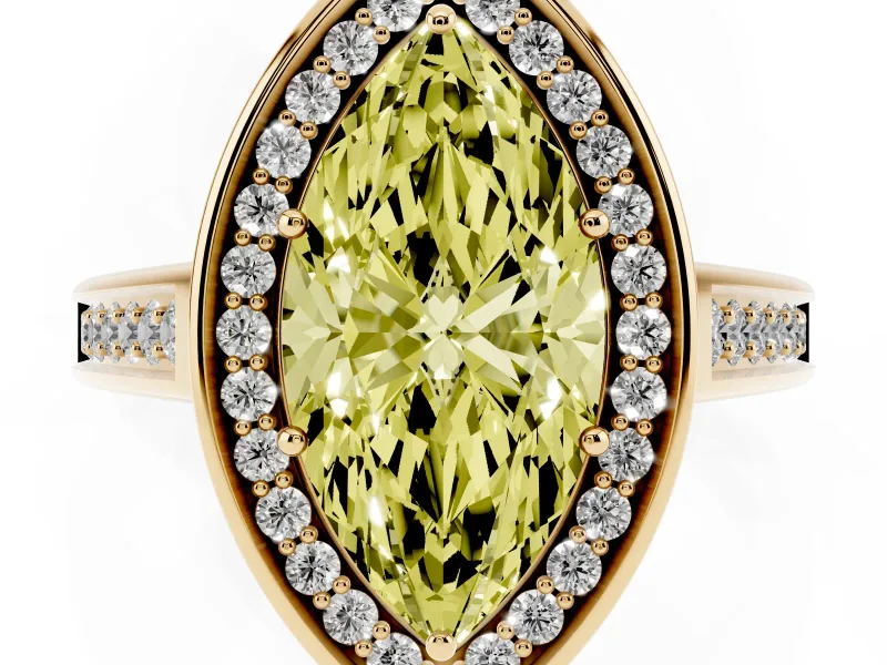 Fancy Yellow Marquise Cut Diamond Halo Solitaire Ring Set in Yellow gold with Pavé Band and Bezel Setting
