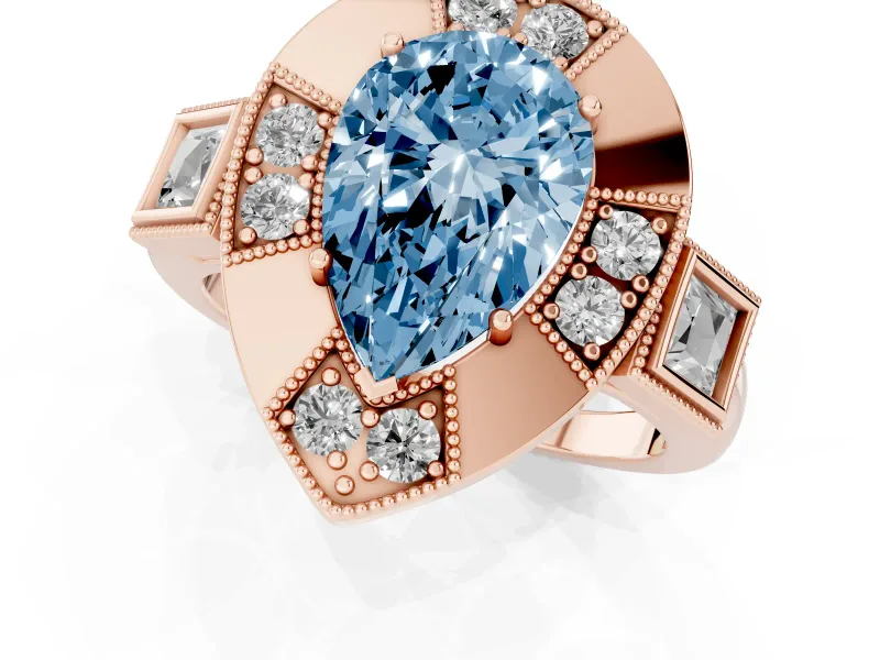 Fancy Blue Pear Cut Diamond Milgrain Halo Ring Set in Rose gold with Split Shank