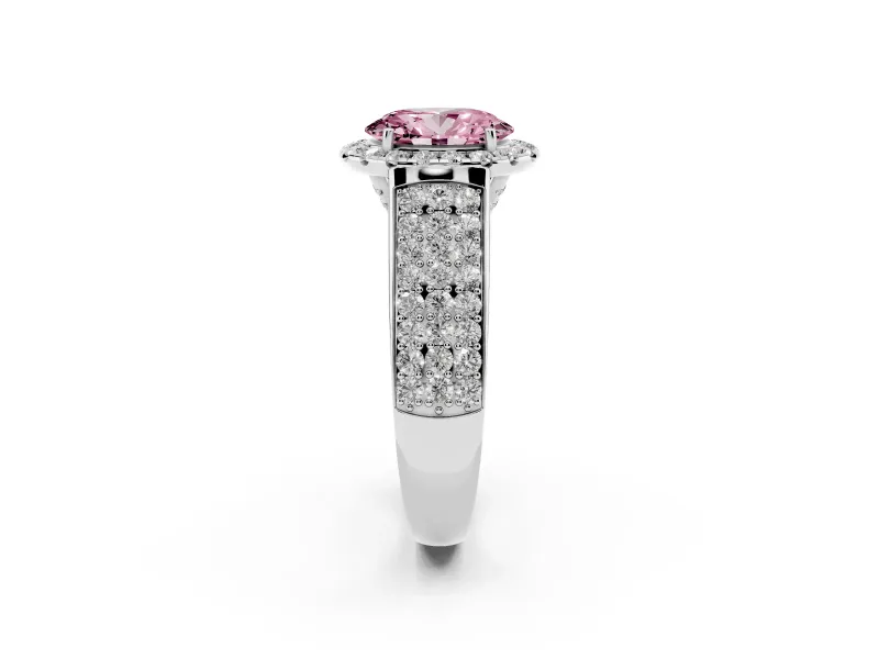 Fancy Pink Oval Cut Diamond Halo Ring Set in White gold with Pavé Band and Raised Center Setting