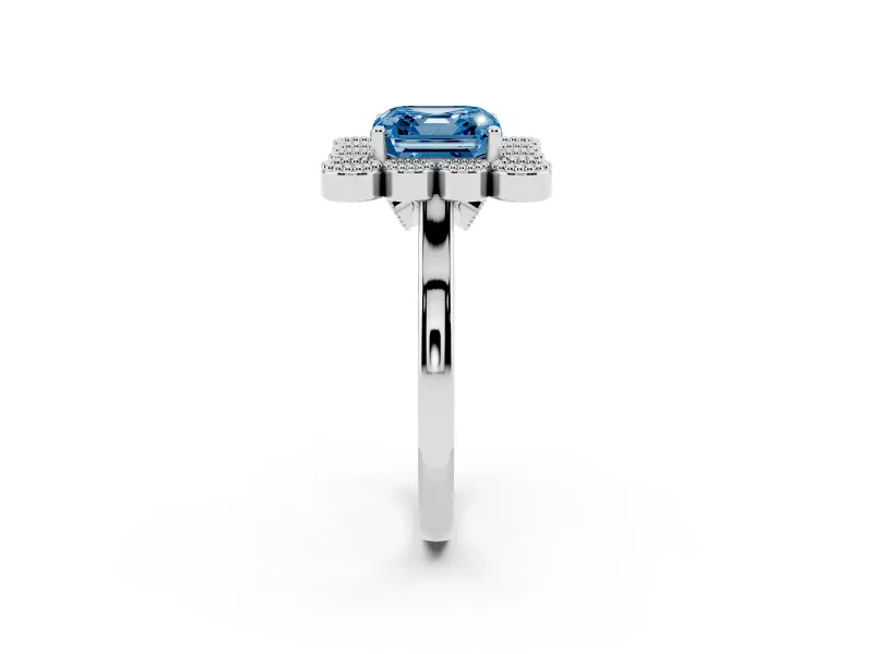 Asscher Cut Milgrain Cluster Halo Engagement Ring Setting for a Fancy Blue Lab-Grown Diamond | Plain Band | Platinum