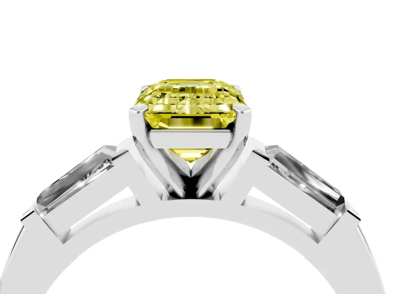 Fancy Yellow Emerald Cut Diamond Solitaire Ring Set in Platinum with Tapered Baguette Side Stones and Prong Setting