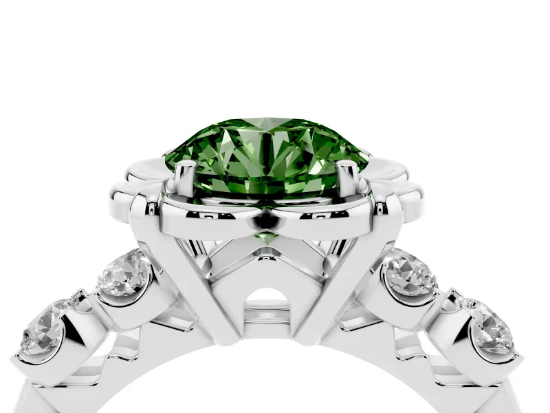 Round Floral Engagement Ring Setting for a Fancy Green Lab-Grown Diamond | Petal Frame | White Gold