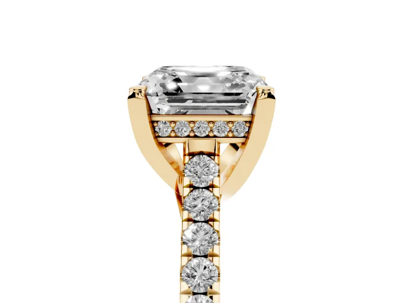 Asscher Cut Hidden Halo Pave Engagement Ring Setting | Claw Prongs | Yellow Gold