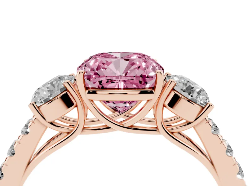 Cushion Cut Engagement Ring Setting for a Fancy Pink Lab-Grown Diamond | Three Stone | Rose Gold