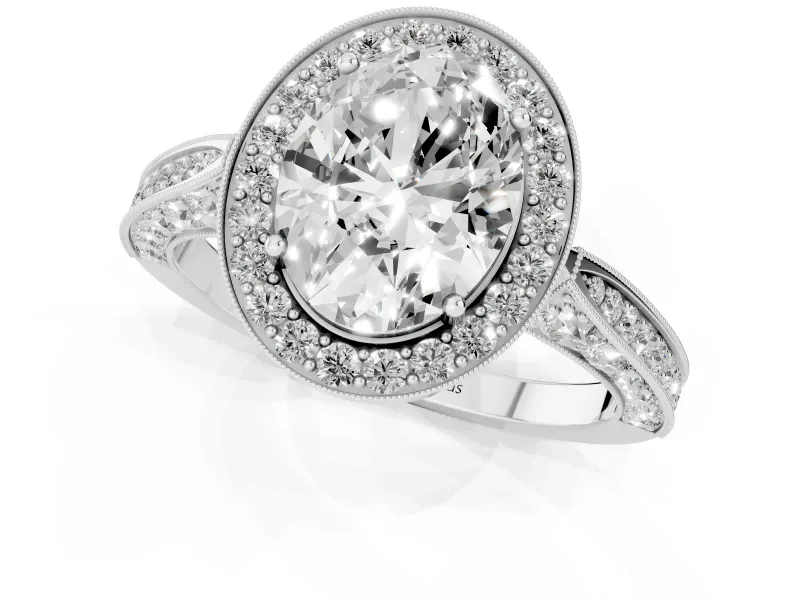 Oval Vintage Milgrain Halo Engagement Ring Setting | Side Stones and Pave | Platinum