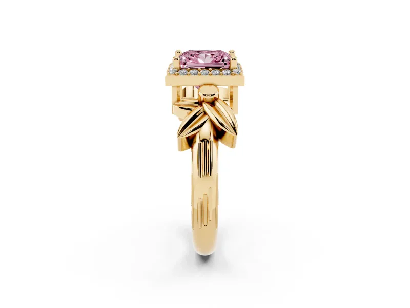 Princess Cut Floral Halo Engagement Ring Setting for a Fancy Pink Lab-Grown Diamond | Yellow Gold