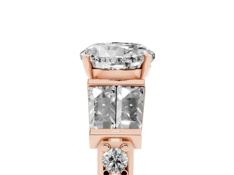 Round Cut Diamond Engagement Ring Set in Rose gold with Baguette Side Stones and Channel Set Band