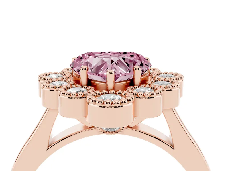 Heart-Shaped Milgrain Cluster Halo Engagement Ring Setting for a Fancy Pink Lab-Grown Diamond | Plain Band | Rose Gold