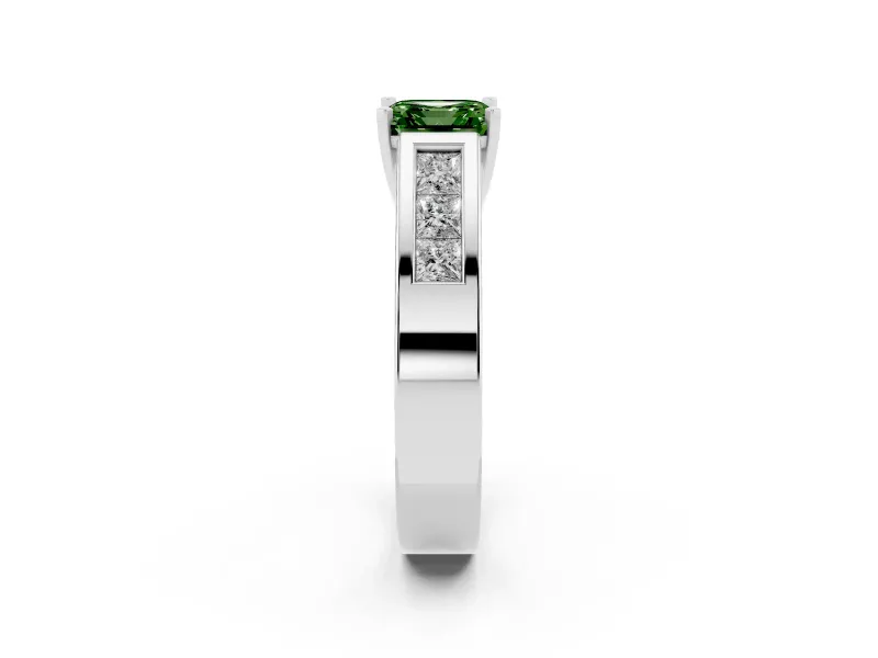 Fancy Green Asscher Cut Diamond Solitaire Ring Set in Silver with Channel-Set Accent Stones and Prong Setting