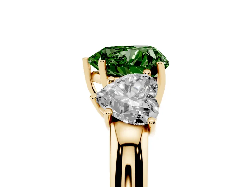Fancy Green Heart Cut Diamond Three-Stone Ring Set in Yellow gold with Bold Center and Classic Band