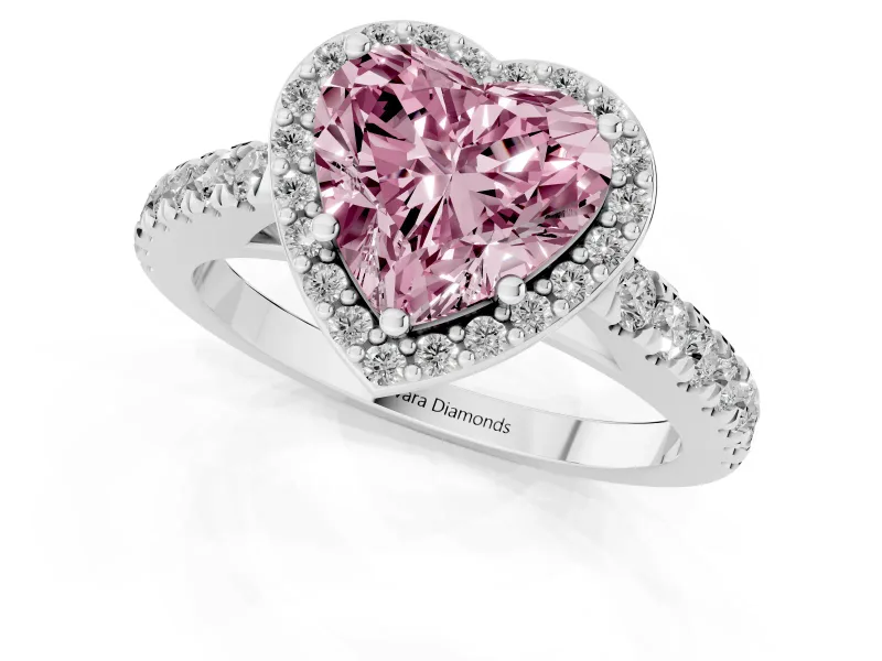 Fancy Pink Heart Cut Diamond Halo Engagement Ring Set in Silver with Pavé Band and Prong Setting