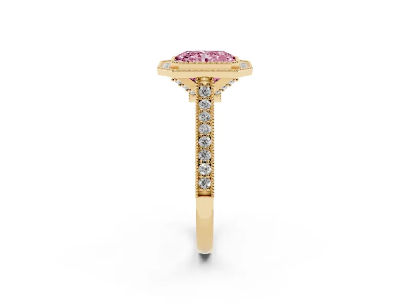 Radiant Cut Vintage Milgrain Halo Engagement Ring Setting for a Fancy Pink Lab-Grown Diamond | Bezel Head | Yellow Gold