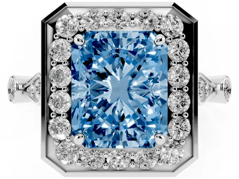 Radiant Cut Halo Engagement Ring Setting for a Fancy Blue Lab-Grown Diamond | Bezel Station Shoulders | White Gold