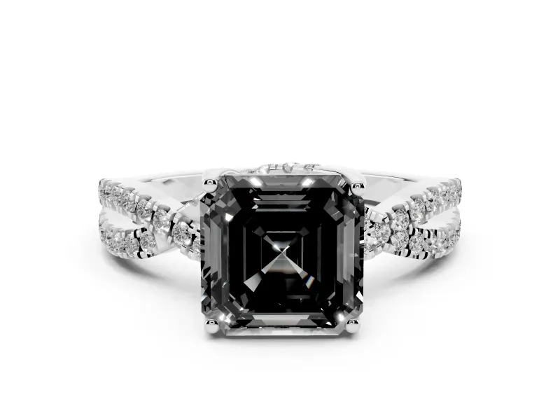Fancy Black Asscher Cut Diamond Twist Pavé Solitaire Engagement Ring Set in White gold with Prong Setting