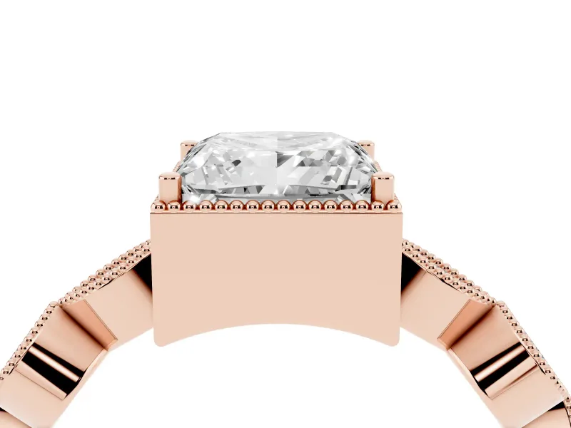 Princess Cut Diamond Vintage-Inspired Milgrain Ring Set in Rose gold with Marquise Stations of Round Accents