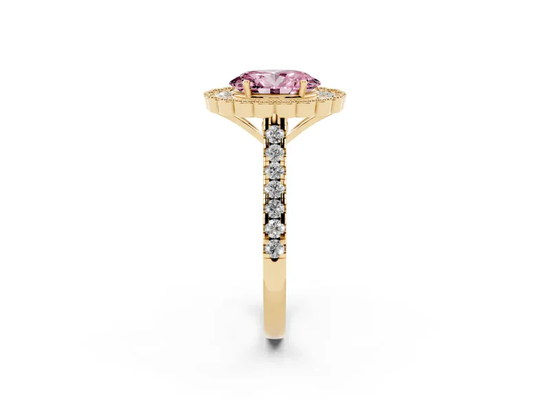 Fancy Pink Oval Cut Diamond Milgrain Floral Halo Engagement Ring Set in Yellow gold with Pavé Band