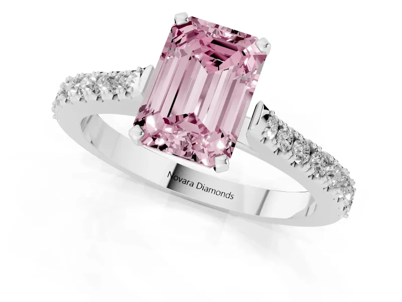 Fancy Pink Emerald Cut Diamond Solitaire Engagement Ring Set in White gold with Delicate Pavé Band and Prong Setting